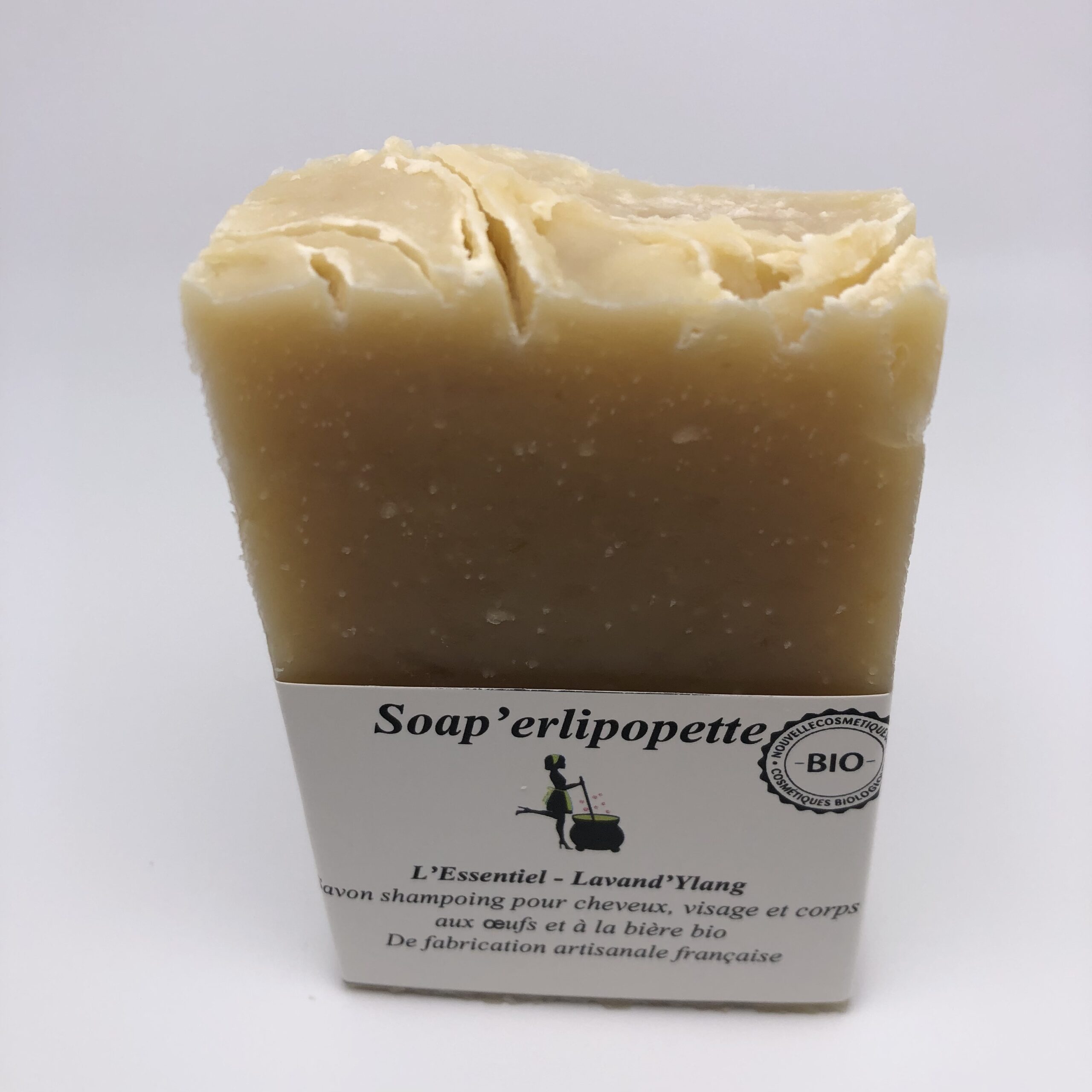 shampoing Lavand'ylang solide aux huiles essentielles bio Lavandin ylang ylang romarin bio saponification à froid argile bière jaune d'oeuf ricin Soap'erlipopette 2